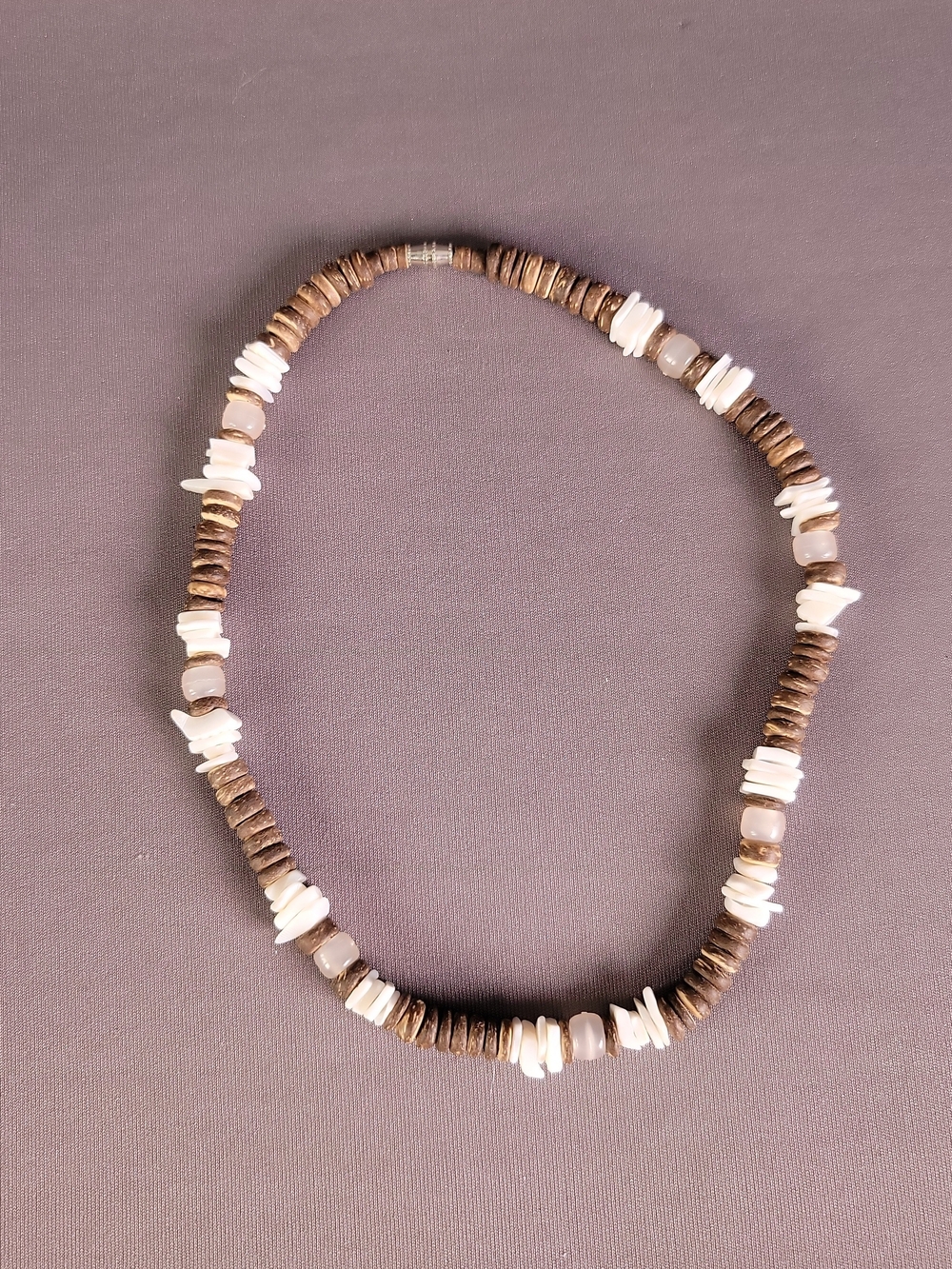 Natural Coconut Shell & White Heishi Bead Necklace — White and Brown